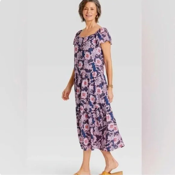 Knox Rose Womens Midi Length Floral Flutter Sleeve A Line Dress Sz Med Pink Blue - Picture 2 of 11